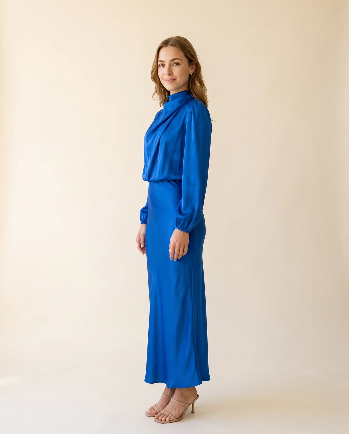 Satin Cowl-Neck Long-Sleeve Column Maxi in Royal Blue, side view, worn by Ava