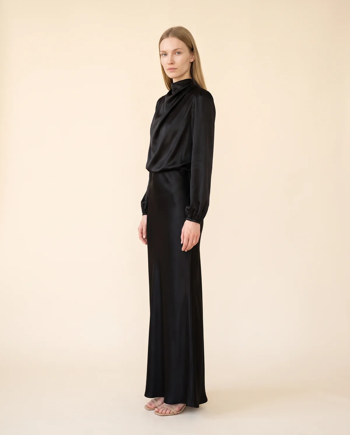 Satin Cowl-Neck Long-Sleeve Column Maxi in Black, side view, worn by Maya