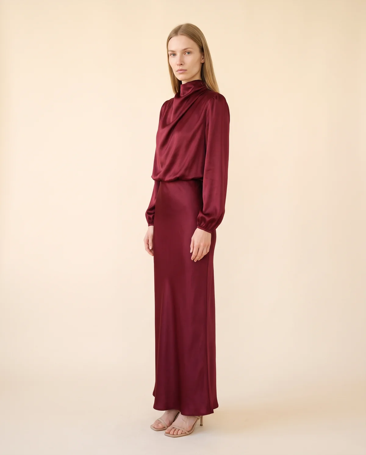 Satin Cowl-Neck Long-Sleeve Column Maxi in Wine, side view, worn by Maya