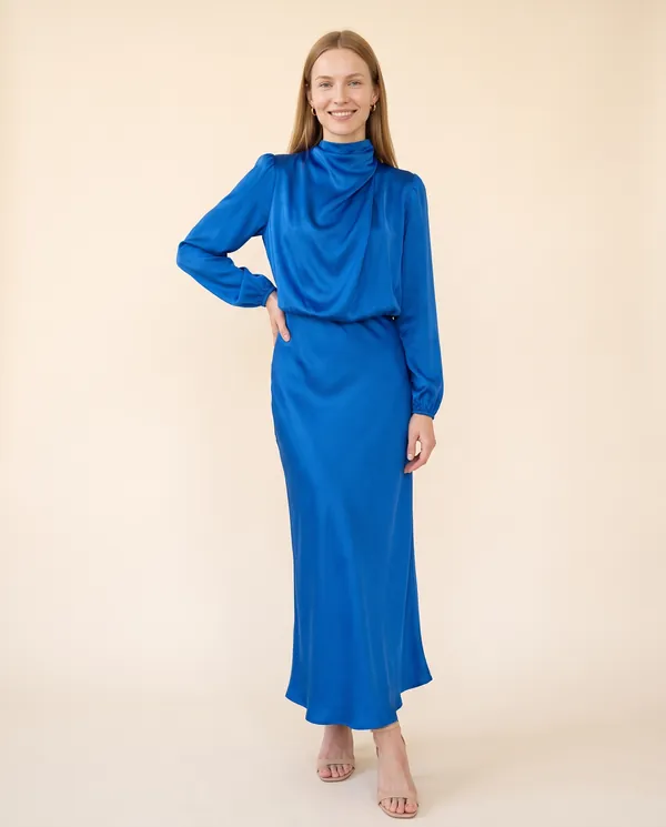 Satin Cowl-Neck Long-Sleeve Column Maxi in Royal Blue, front view, worn by Maya