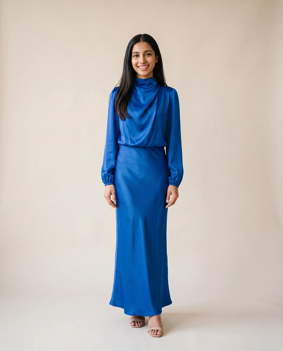 Satin Cowl-Neck Long-Sleeve Column Maxi in Royal Blue, front view, worn by Priya