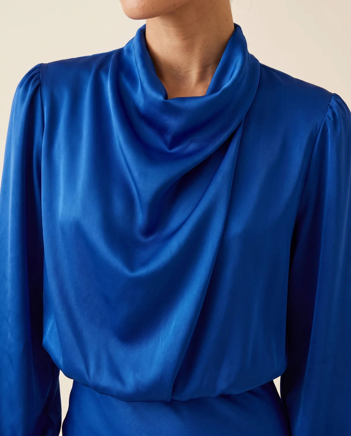 Satin Cowl-Neck Long-Sleeve Column Maxi in Royal Blue, close-up of the detail
