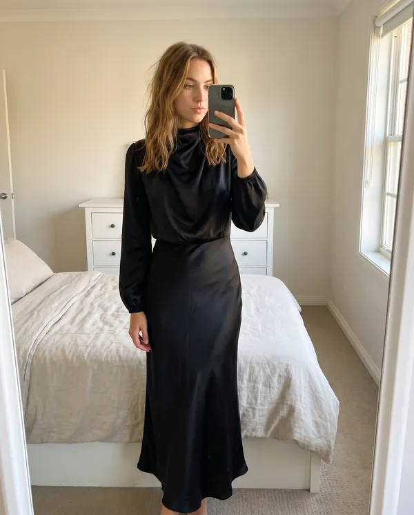Satin Eve styling: Satin Cowl-Neck Long-Sleeve Column Maxi