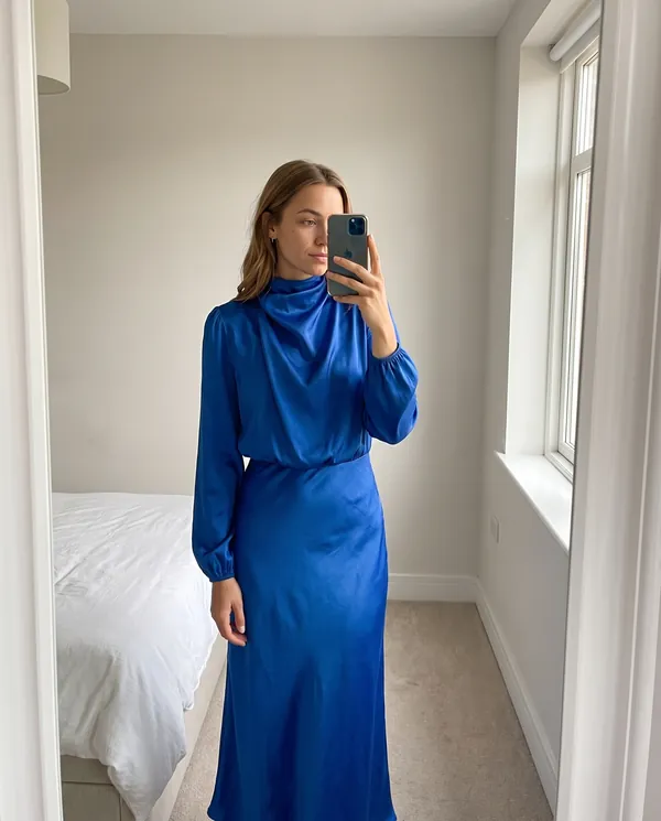 Satin Eve styling: Satin Cowl-Neck Long-Sleeve Column Maxi