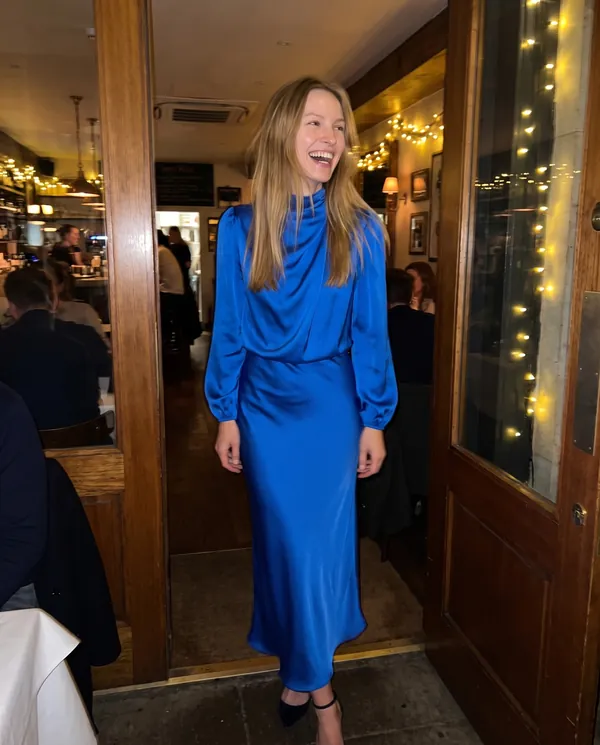 Satin Eve styling: Satin Cowl-Neck Long-Sleeve Column Maxi