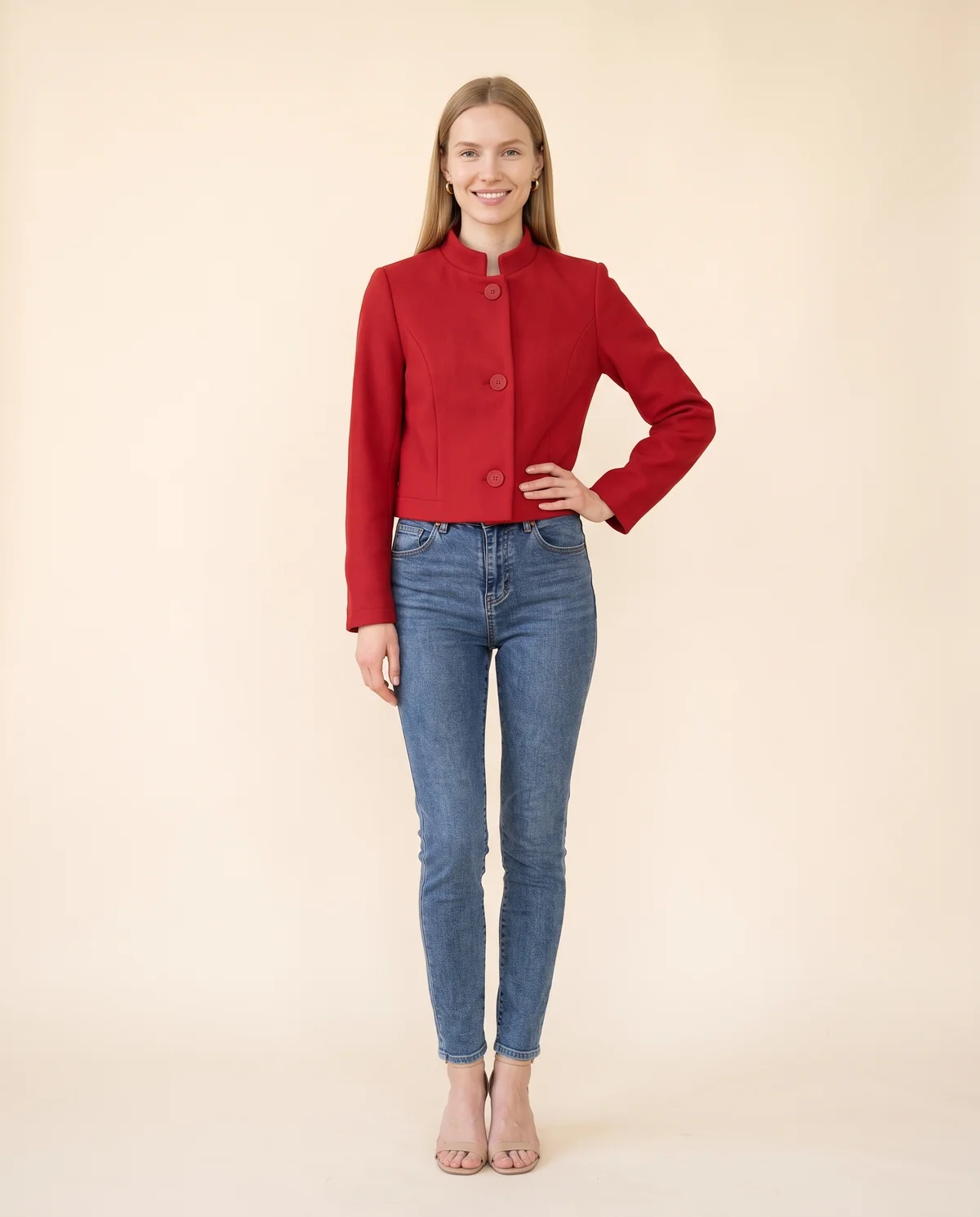 Red Wool-Look Cropped Jacket in Red, front view, worn by Maya