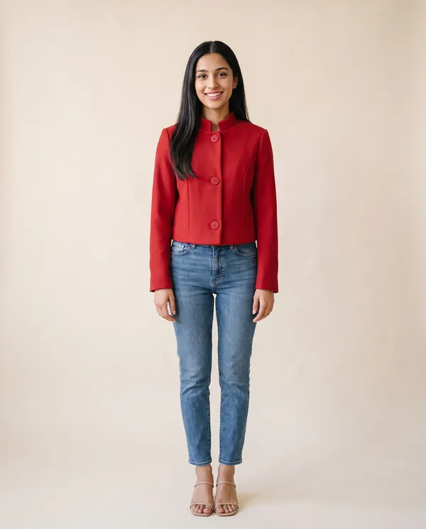 Red Wool-Look Cropped Jacket in Red, front view, worn by Priya