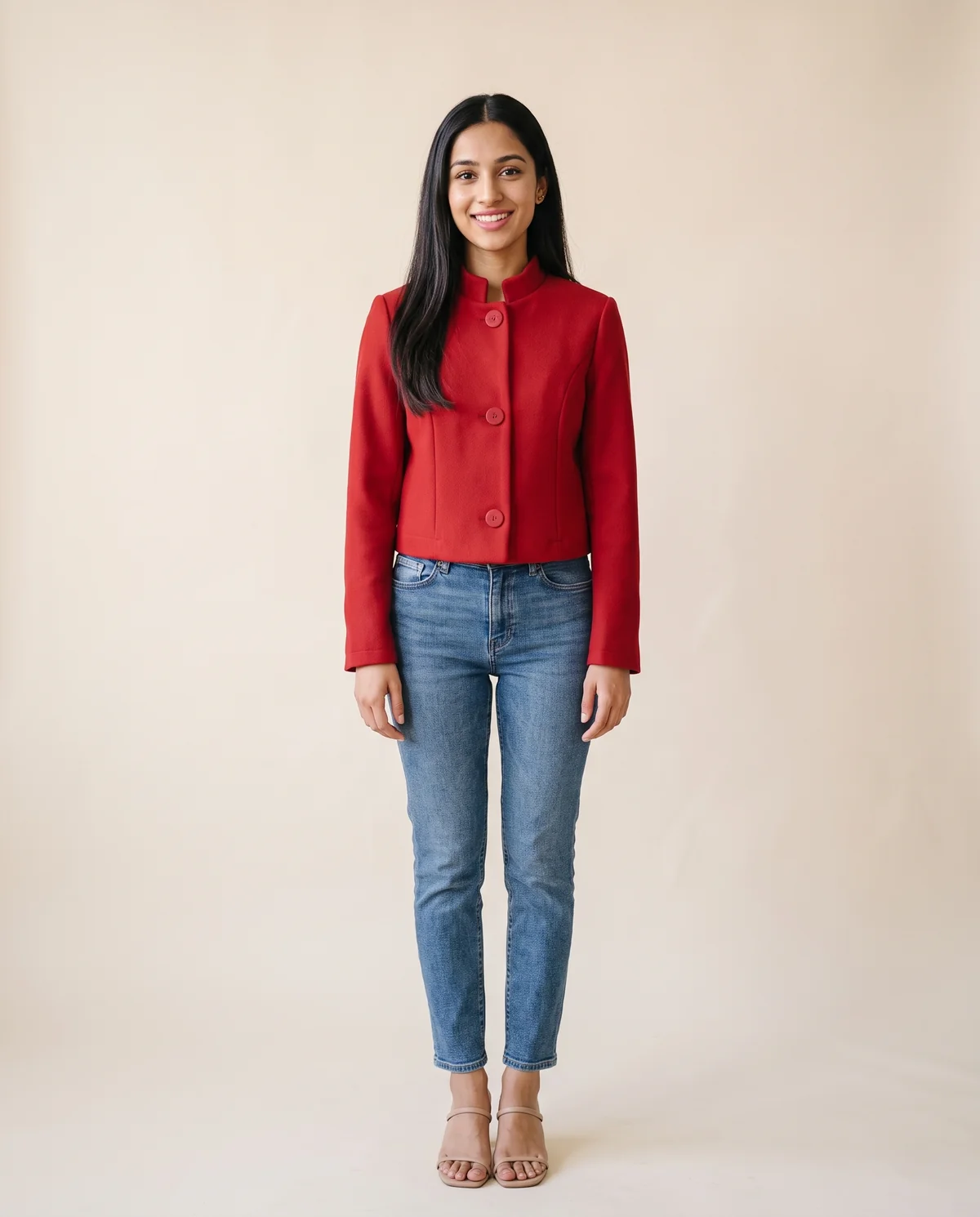 Red Wool-Look Cropped Jacket in Red, front view, worn by Priya