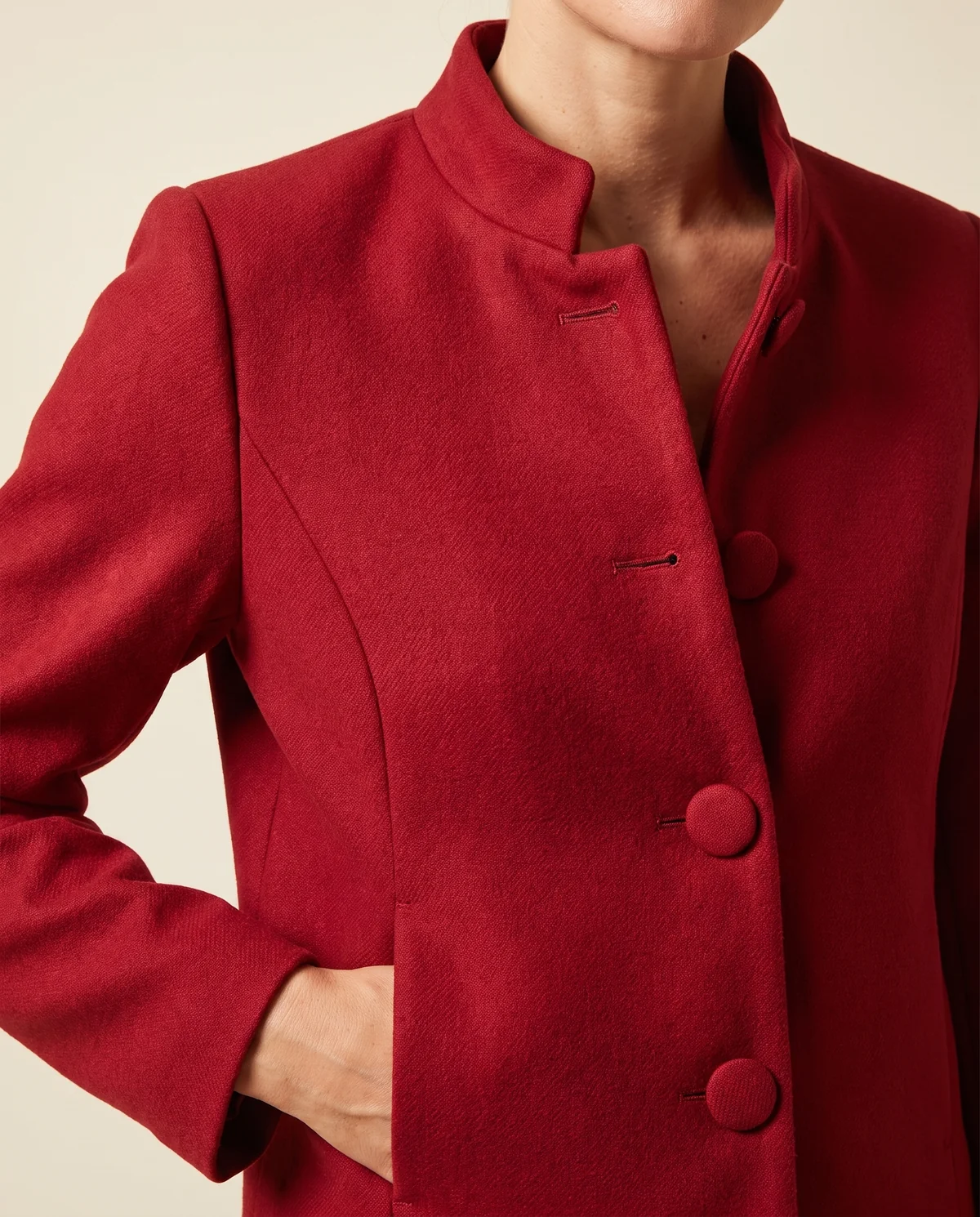 Red Wool-Look Cropped Jacket in Red, close-up of the detail