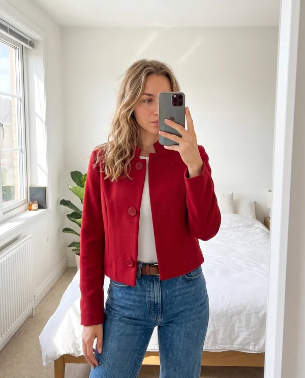 Satin Eve styling: Red Wool-Look Cropped Jacket
