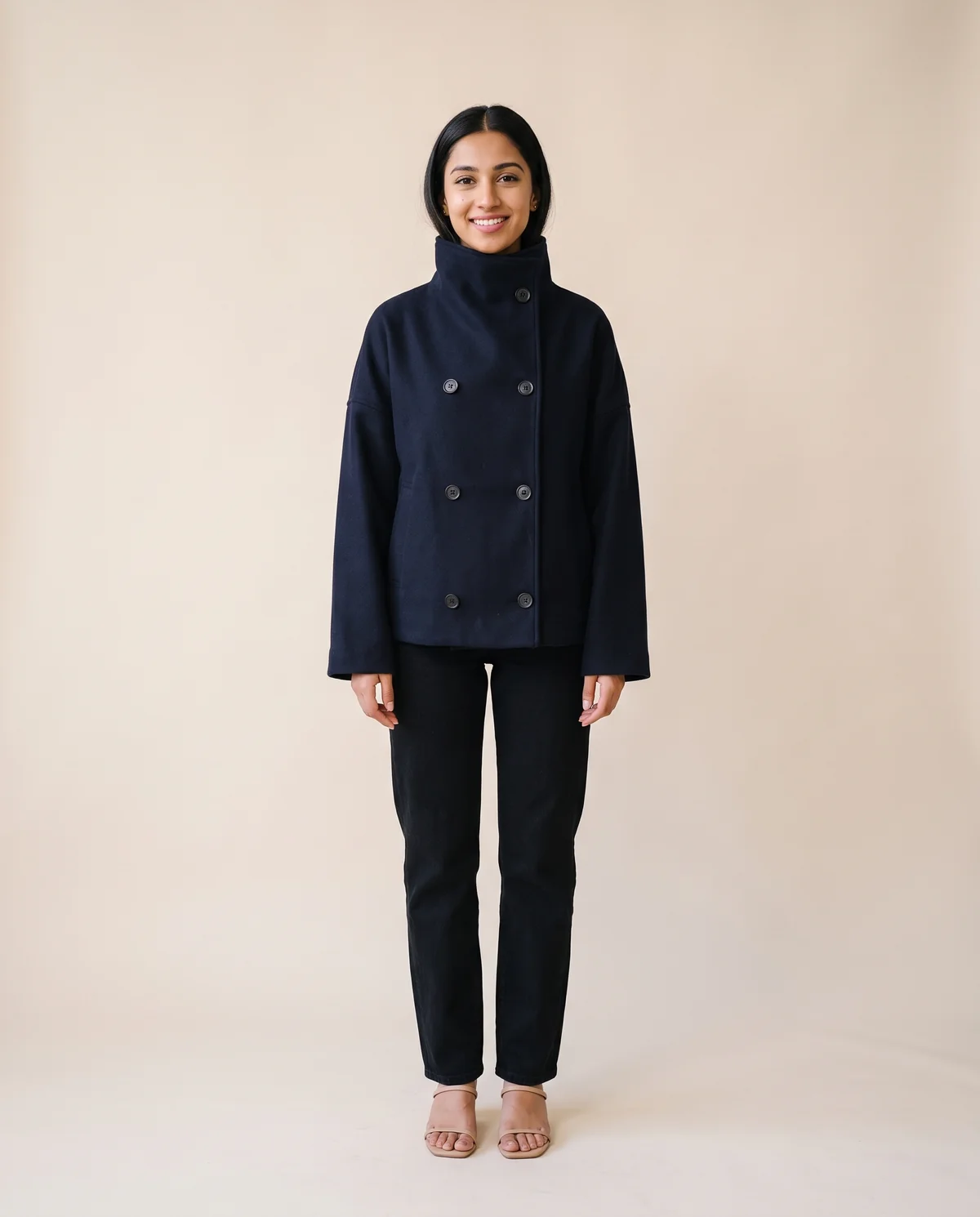 Navy Double-Breasted Short Jacket in Navy, front view, worn by Priya