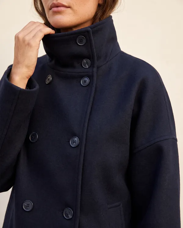 Navy Double-Breasted Short Jacket in Navy, close-up of the detail