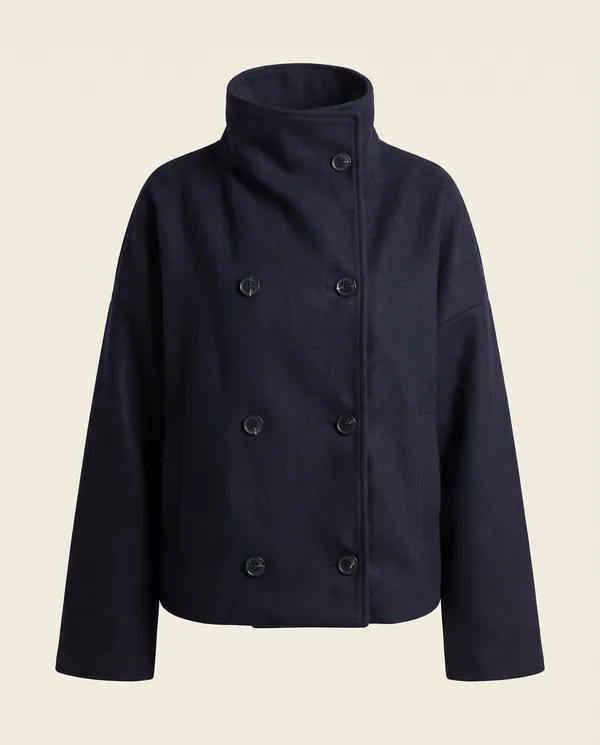 Navy Double-Breasted Short Jacket in Navy, product shot on a plain background