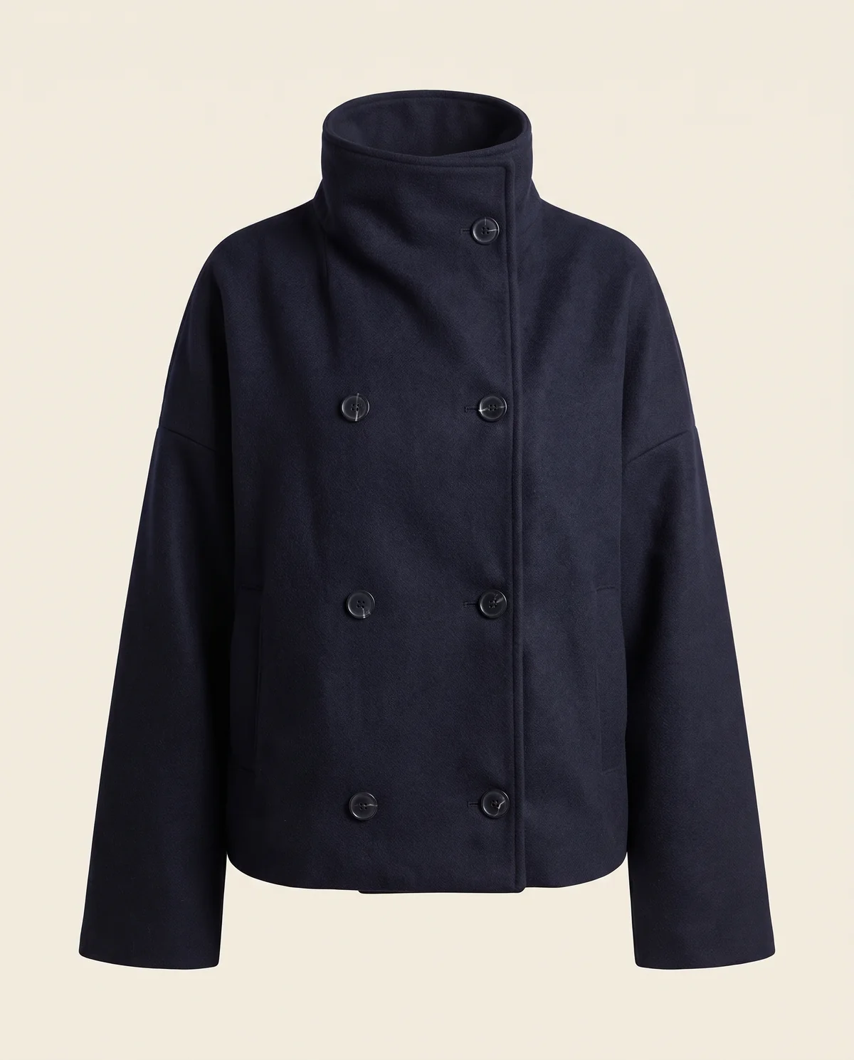 Navy Double-Breasted Short Jacket in Navy, product shot on a plain background