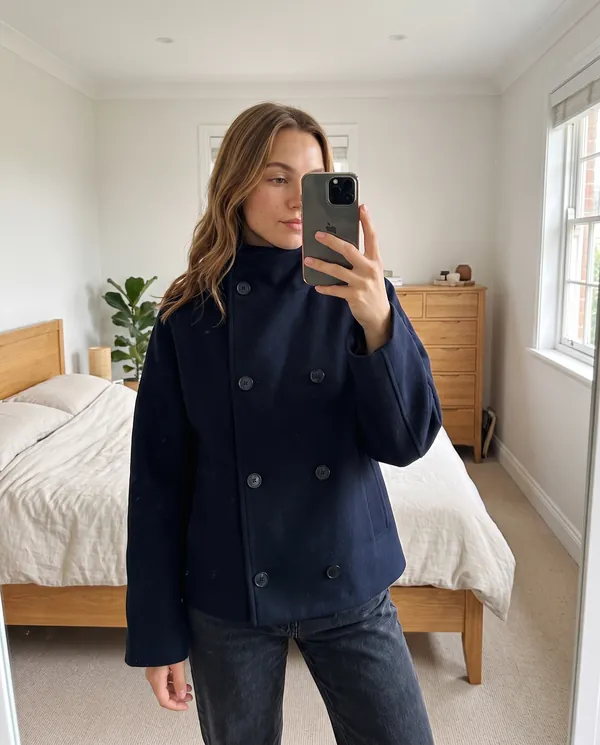 Satin Eve styling: Navy Double-Breasted Short Jacket