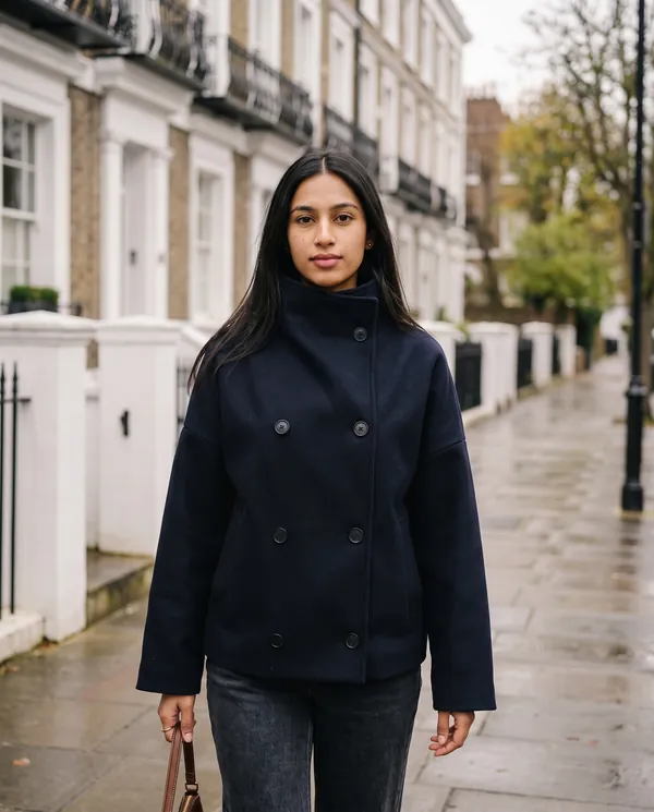 Satin Eve styling: Navy Double-Breasted Short Jacket