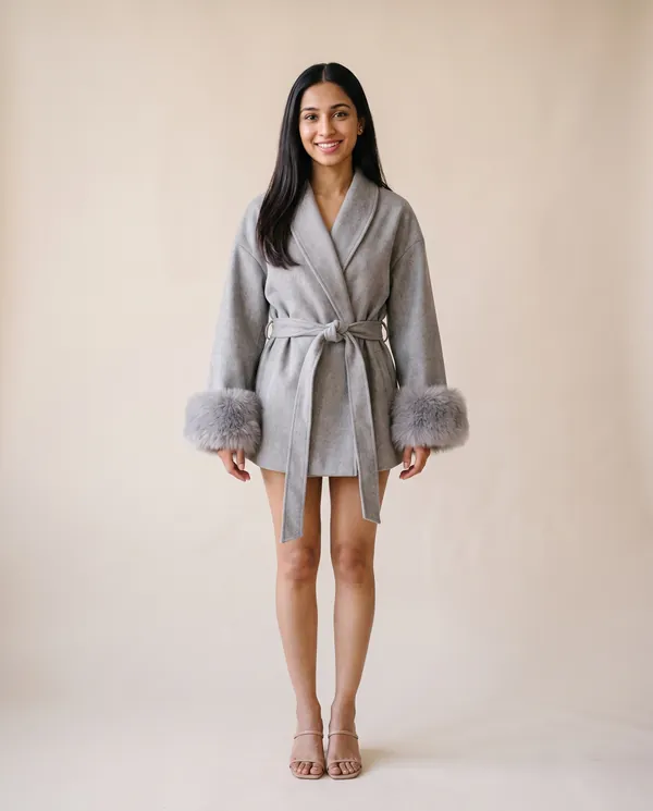 Wrap Jacket with Faux Fur Cuffs in Grey, front view, worn by Priya