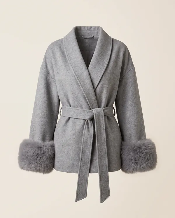 Wrap Jacket with Faux Fur Cuffs in Grey, product shot on a plain background