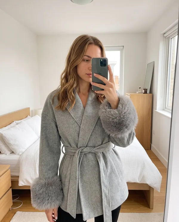 Satin Eve styling: Wrap Jacket with Faux Fur Cuffs