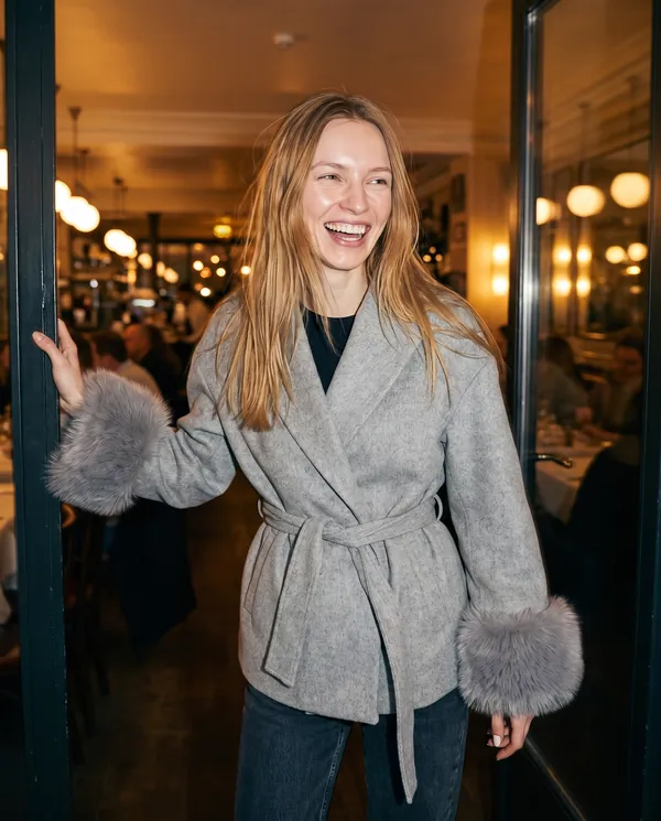 Satin Eve styling: Wrap Jacket with Faux Fur Cuffs