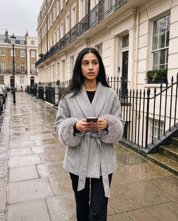 Satin Eve styling: Wrap Jacket with Faux Fur Cuffs