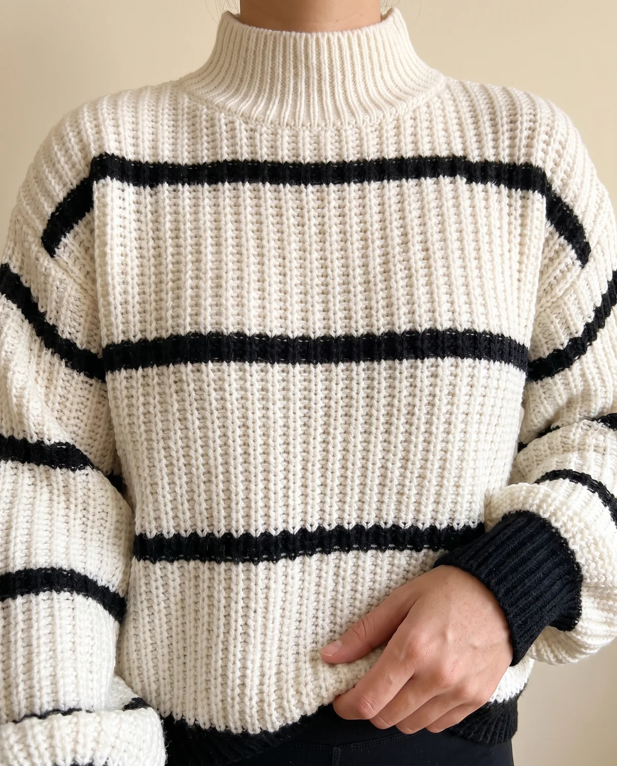 Striped Chunky Rib Knit Jumper in Ivory and Black, close-up of the detail