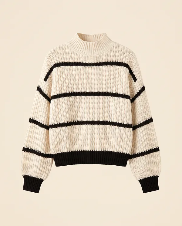 Striped Chunky Rib Knit Jumper in Ivory and Black, product shot on a plain background