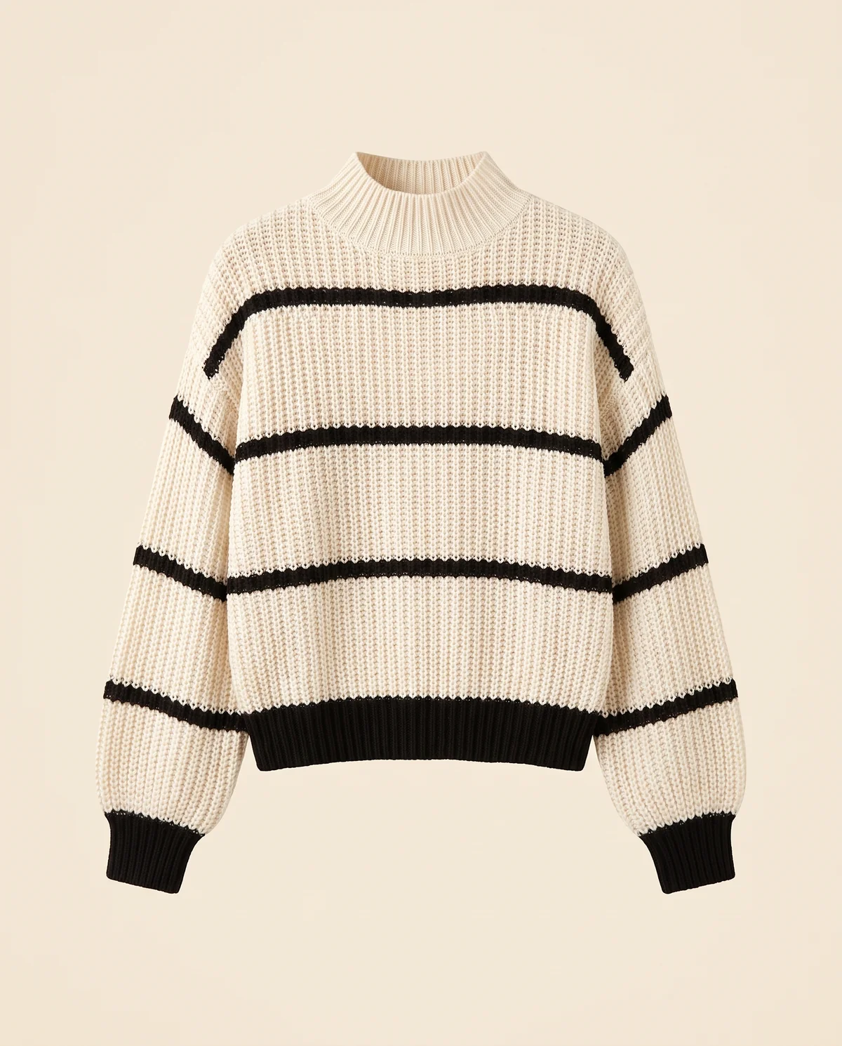 Striped Chunky Rib Knit Jumper in Ivory and Black, product shot on a plain background