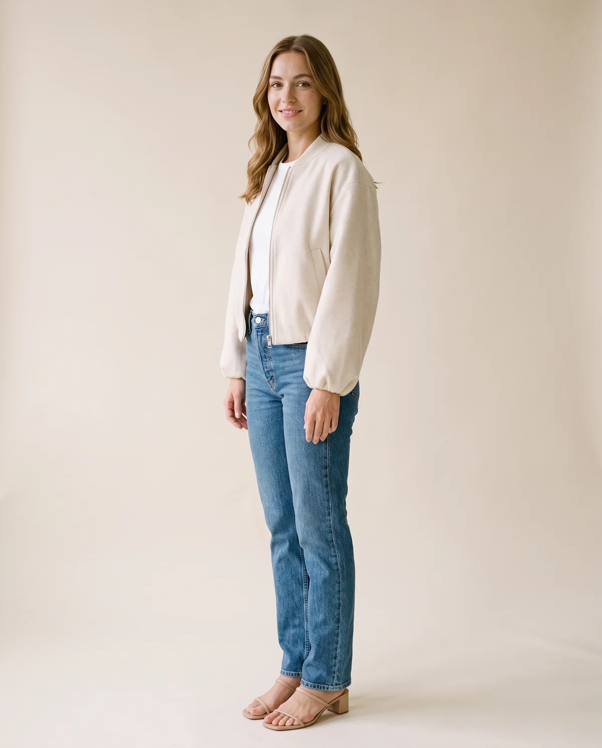 Lantern-Sleeve Short Jacket in Cream, side view, worn by Ava