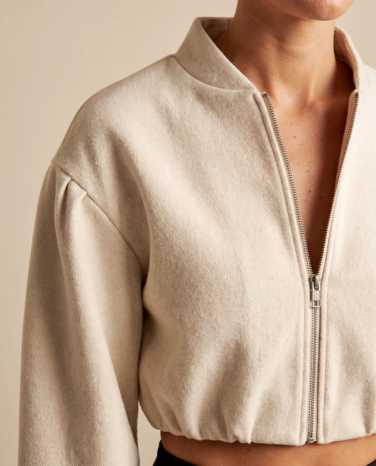 Lantern-Sleeve Short Jacket in Cream, close-up of the detail