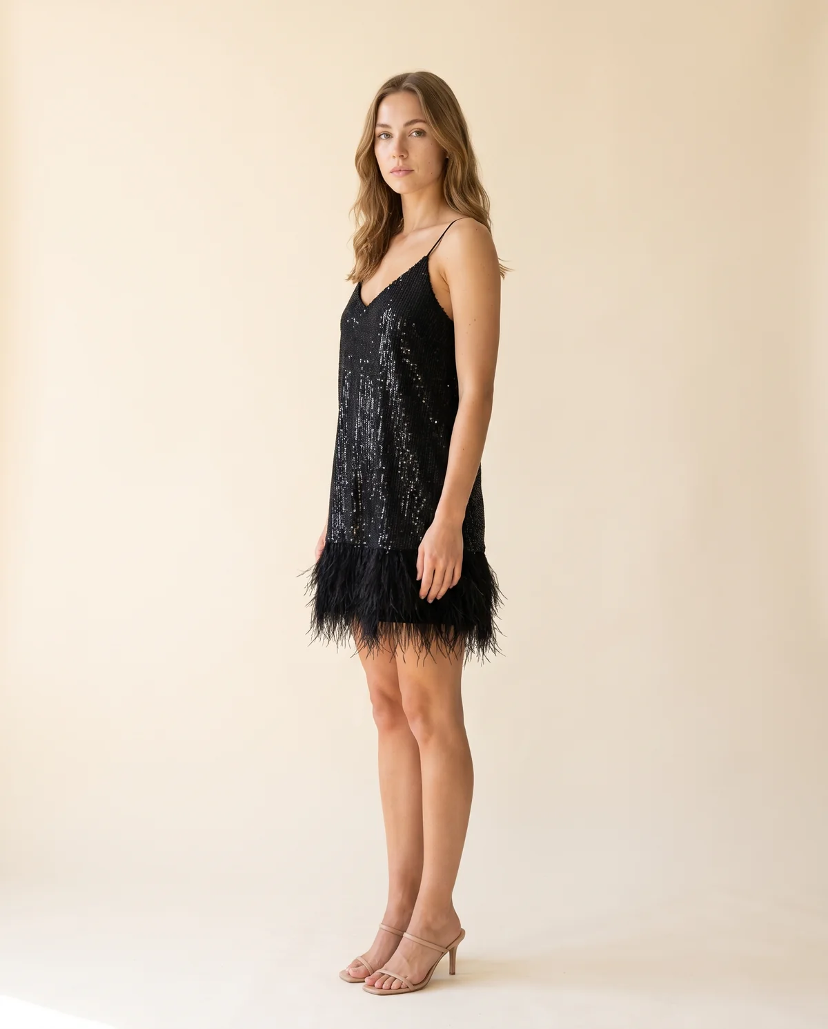 Sequin Fringe Cami Mini Dress in Black, side view, worn by Ava