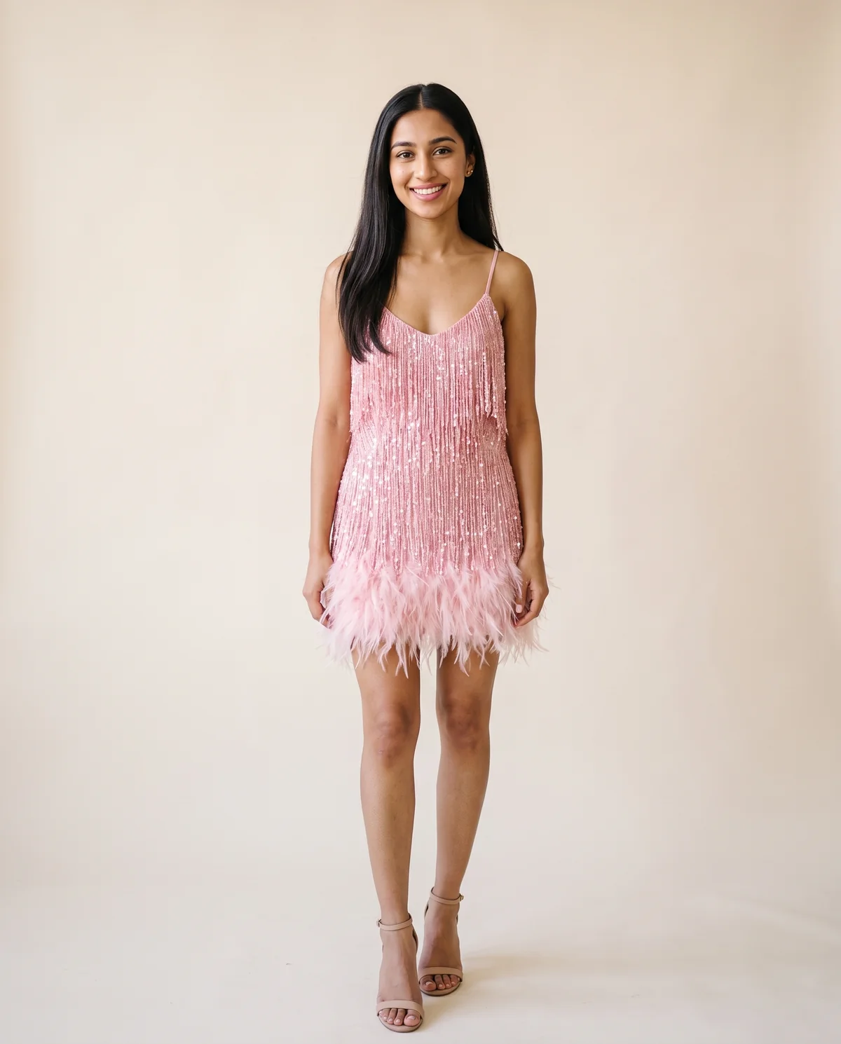 Sequin Fringe Cami Mini Dress in Pink, front view, worn by Priya