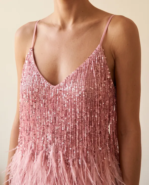 Sequin Fringe Cami Mini Dress in Pink, close-up of the detail