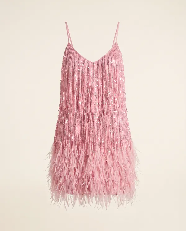 Sequin Fringe Cami Mini Dress in Pink, product shot on a plain background