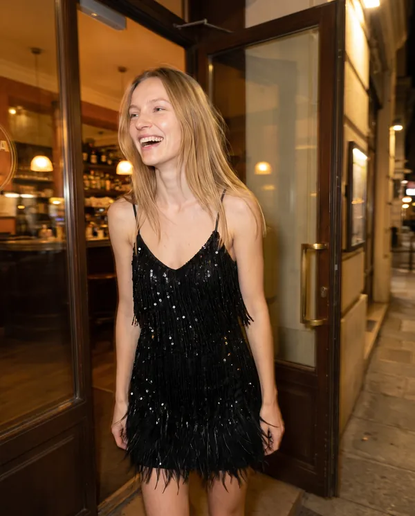 Satin Eve styling: Sequin Fringe Cami Mini Dress