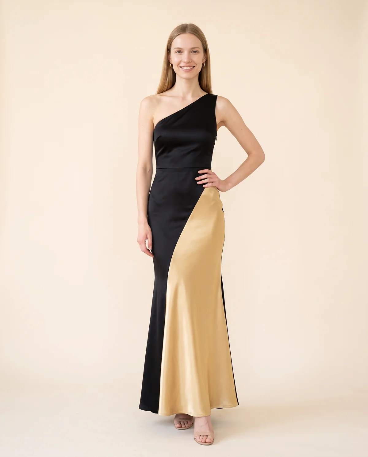 Colour-Block Satin One-Shoulder Maxi Dress in Black and Gold, front view, worn by Maya
