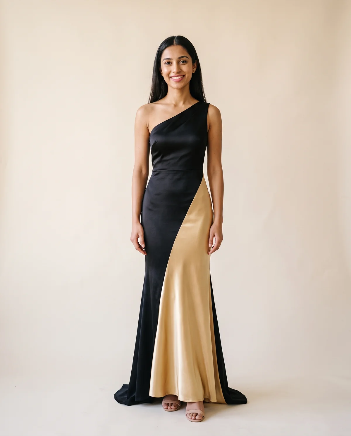 Colour-Block Satin One-Shoulder Maxi Dress in Black and Gold, front view, worn by Priya