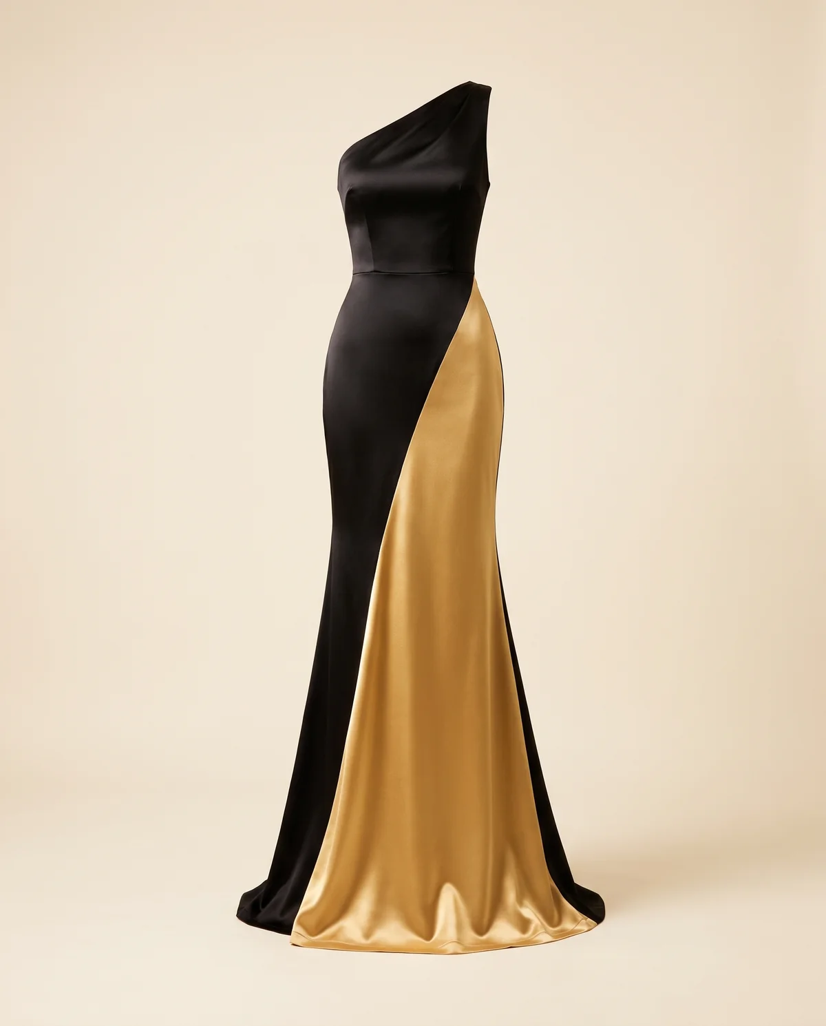 Colour-Block Satin One-Shoulder Maxi Dress in Black and Gold, product shot on a plain background