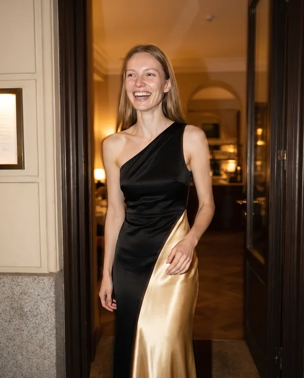 Satin Eve styling: Colour-Block Satin One-Shoulder Maxi Dress