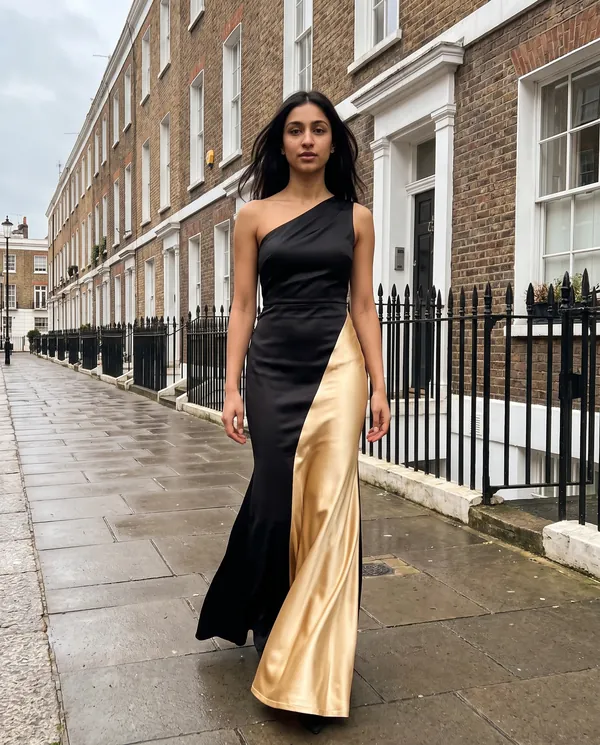 Satin Eve styling: Colour-Block Satin One-Shoulder Maxi Dress