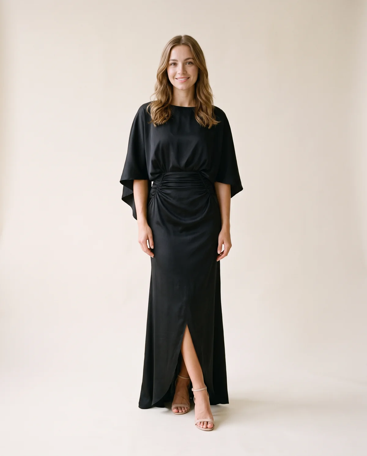 Satin Batwing-Sleeve Maxi Dress with Slit in Black, front view, worn by Ava