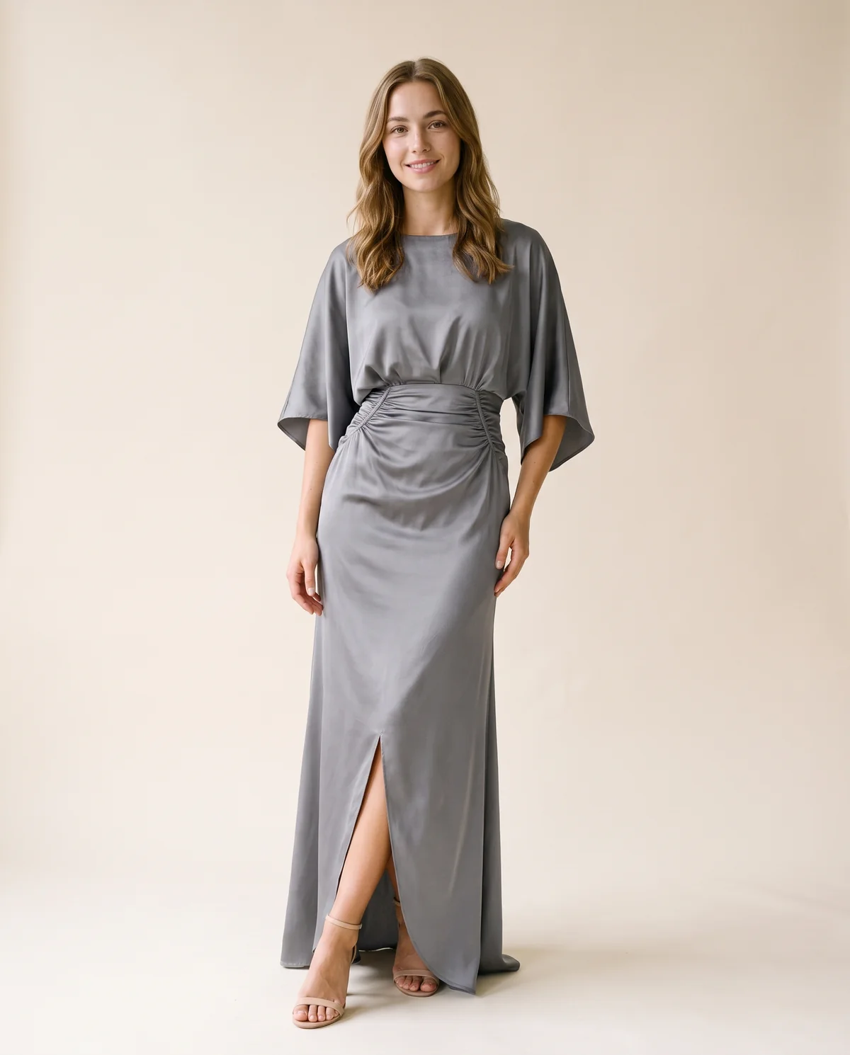 Satin Batwing-Sleeve Maxi Dress with Slit in Grey, front view, worn by Ava