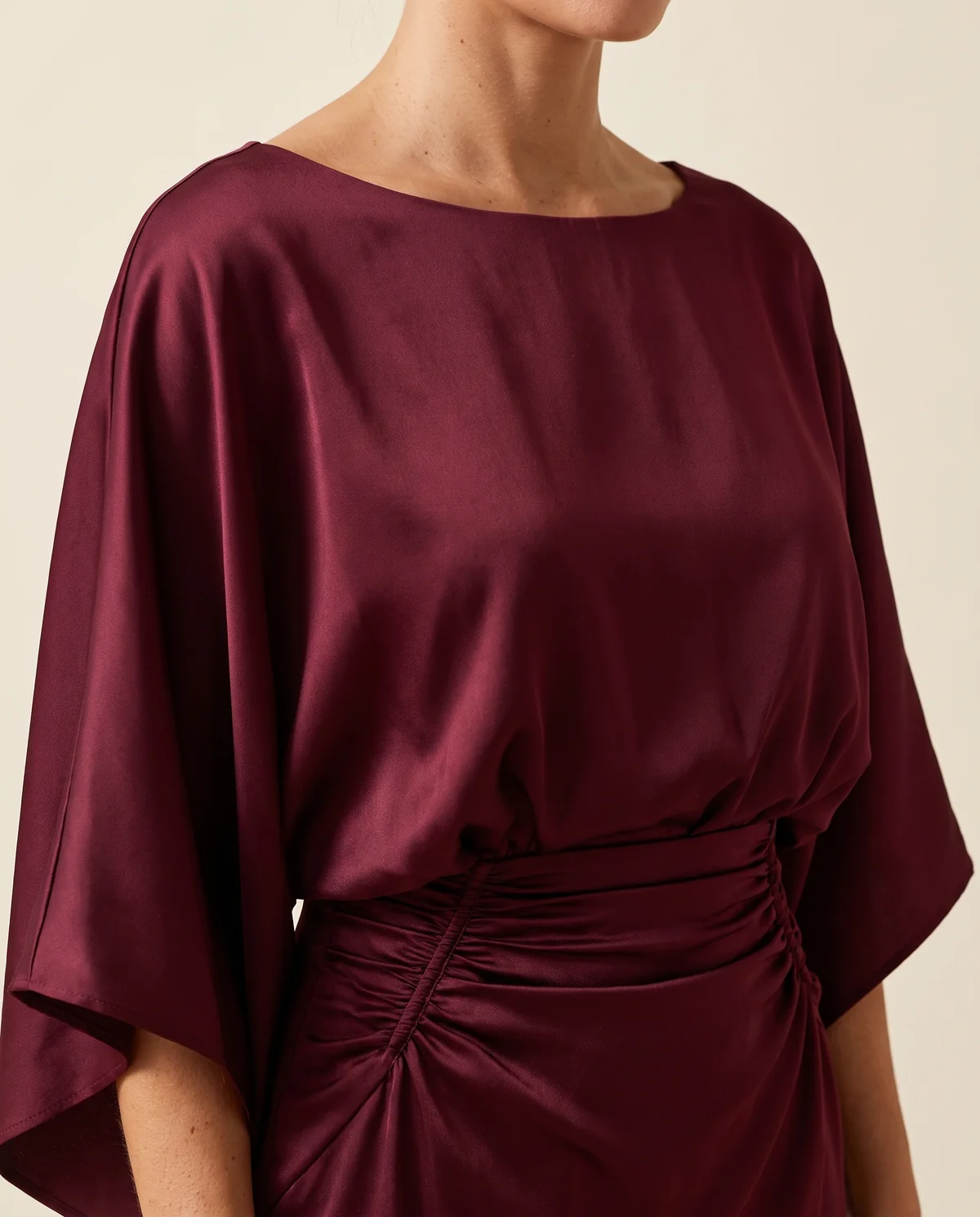 Satin Batwing-Sleeve Maxi Dress with Slit in Wine, close-up of the detail