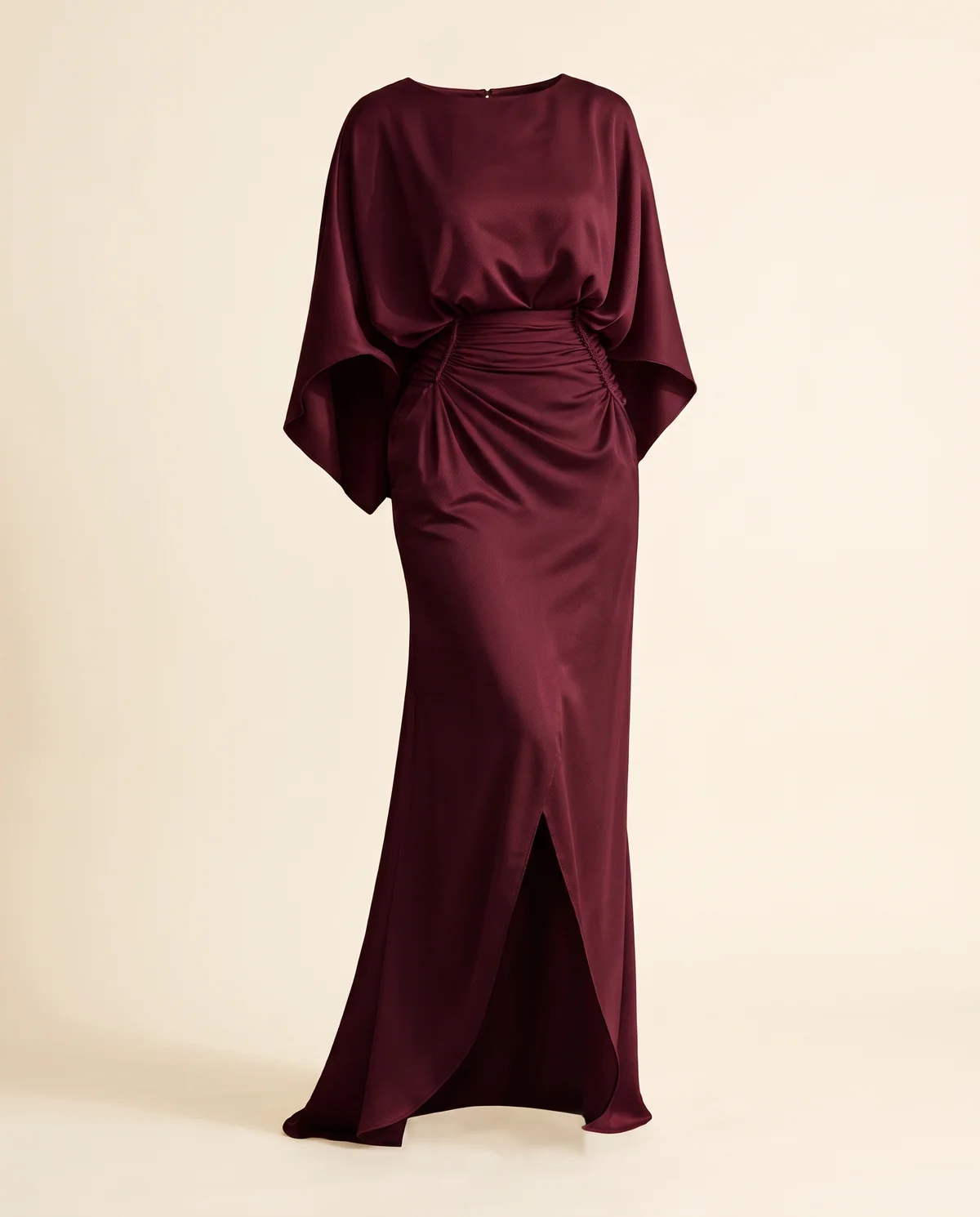 Satin Batwing-Sleeve Maxi Dress with Slit in Wine, product shot on a plain background