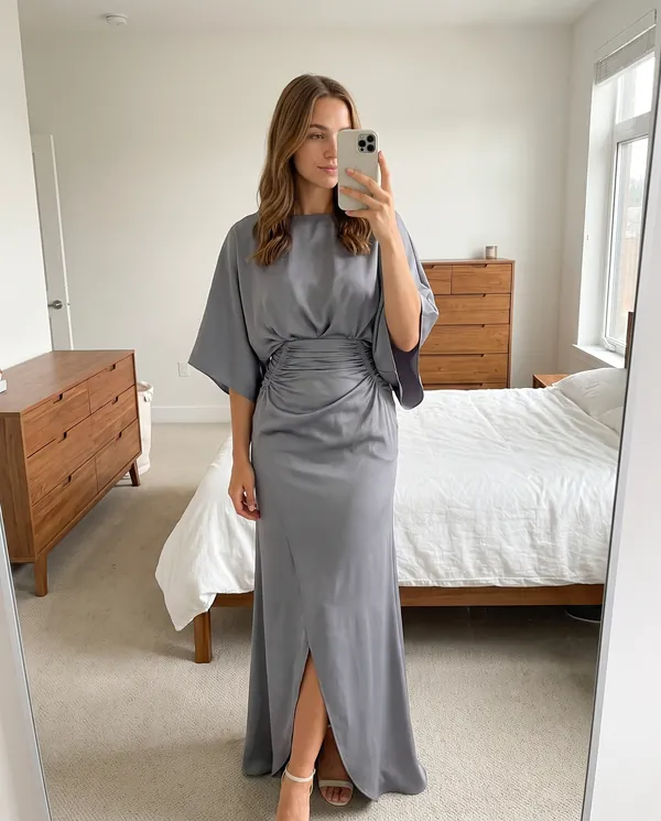 Satin Eve styling: Satin Batwing-Sleeve Maxi Dress with Slit