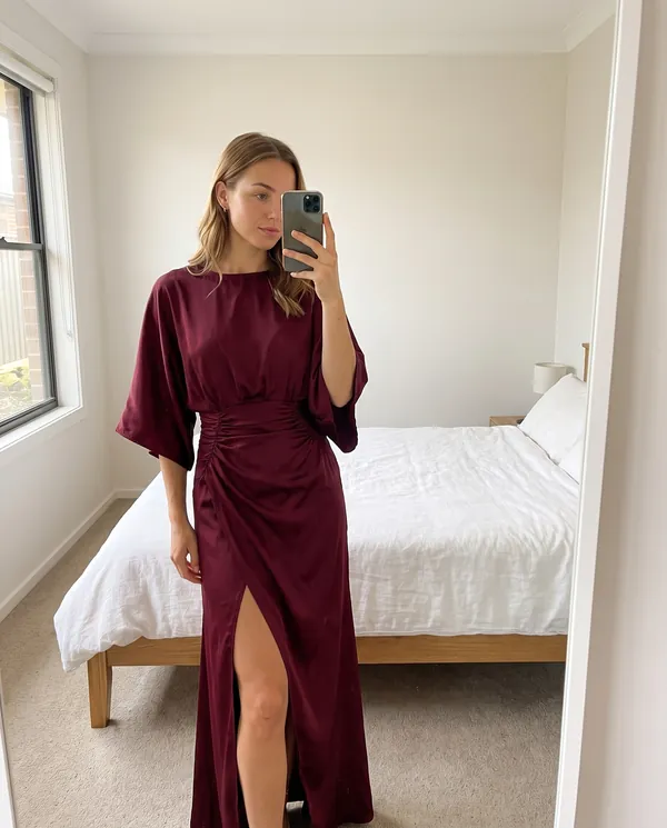 Satin Eve styling: Satin Batwing-Sleeve Maxi Dress with Slit