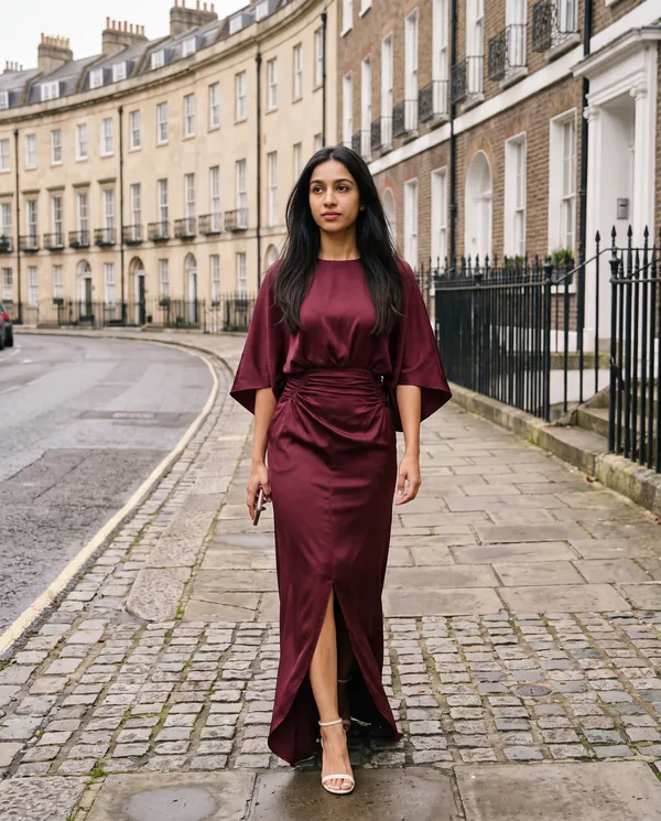 Satin Eve styling: Satin Batwing-Sleeve Maxi Dress with Slit