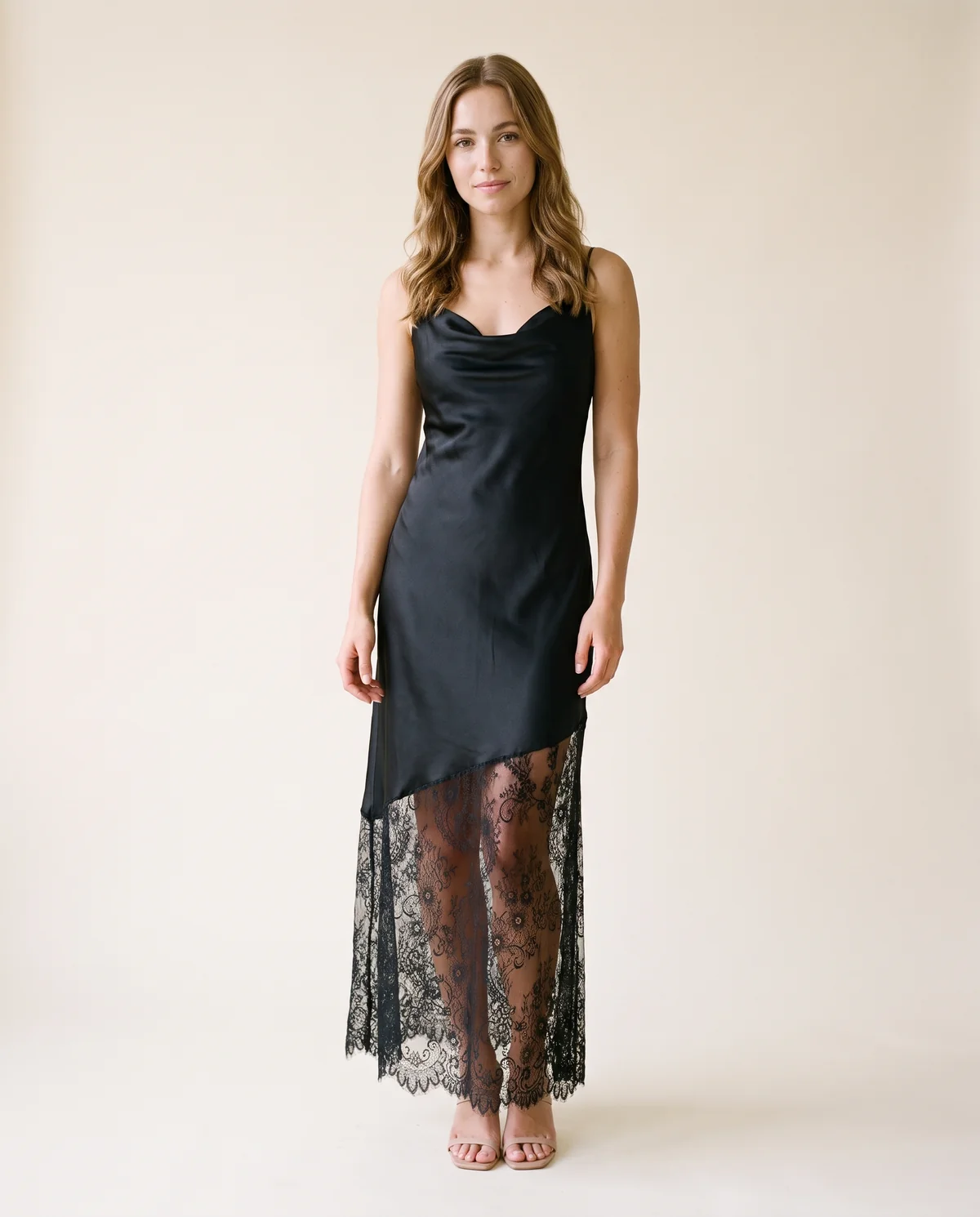 Lace and Satin Slip Maxi Dress in Black, front view, worn by Ava