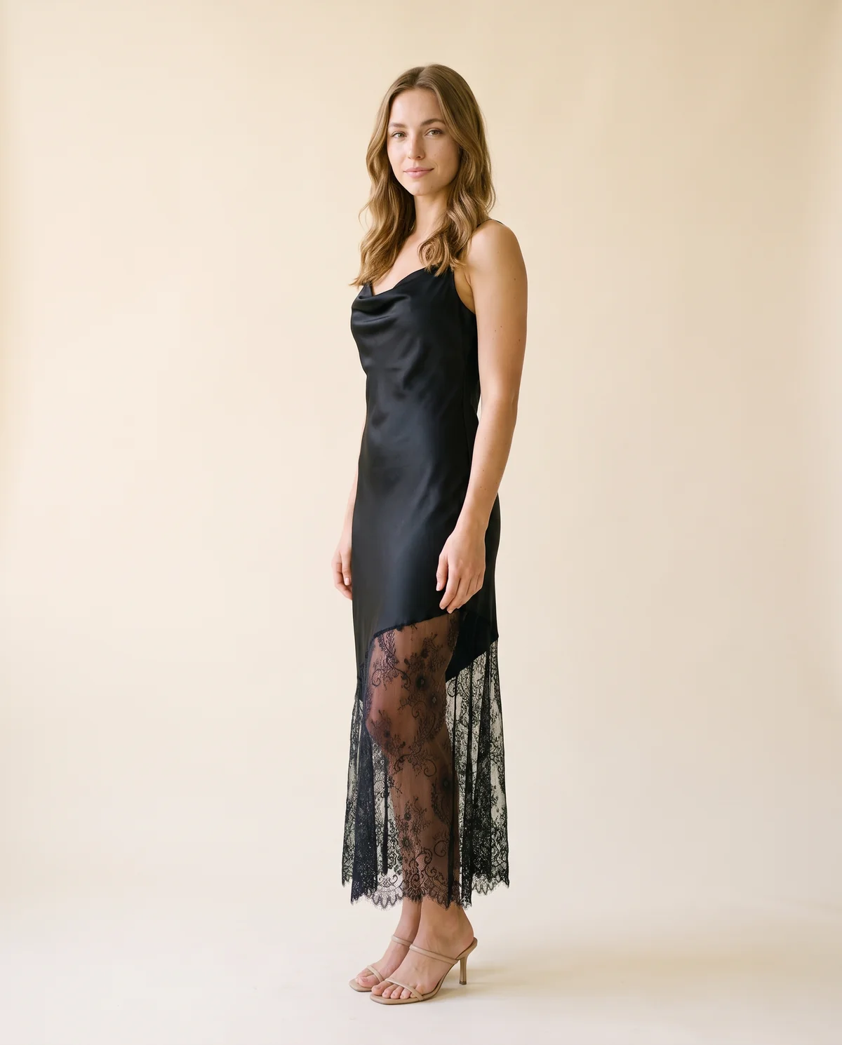 Lace and Satin Slip Maxi Dress in Black, side view, worn by Ava