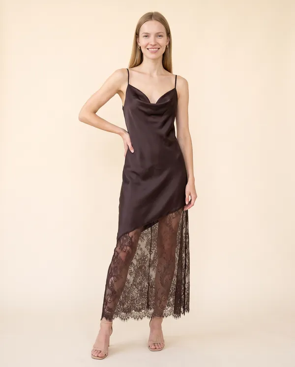 Lace and Satin Slip Maxi Dress in Chocolate, front view, worn by Maya